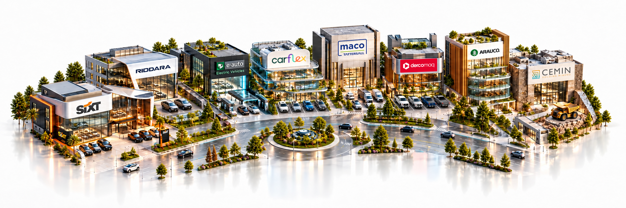 Ciudad corporativa de clientes Stech con logos integrados: Sixt, Riddara, e-auto, Carflex, Maco Tattersall, Ariztía, Arauco, Cemin y más, conectados por calles y vehículos.