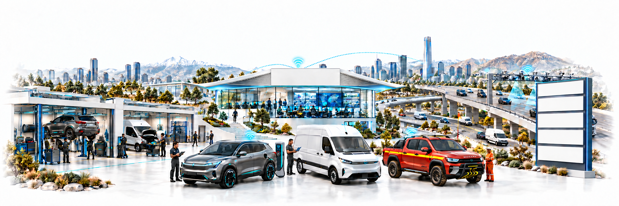 Oficinas centrales de Stech: SUV eléctrico conectado a su cargador, furgón de flota y camioneta Riddara roja equipada para faena, con talleres, pórticos y un tótem con sus cinco marcas.