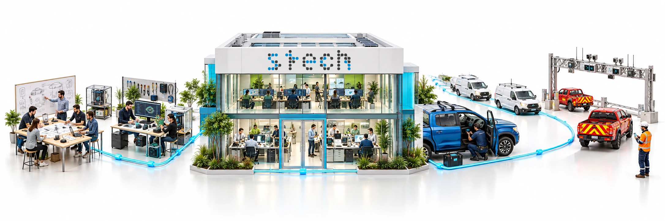 Cadena productiva Stech en 3D: un equipo transforma una idea en concepto y prototipo, la oficina central Stech desarrolla software e integra tecnología, técnicos la instalan en vehículos y la solución llega a una operación automotriz real.